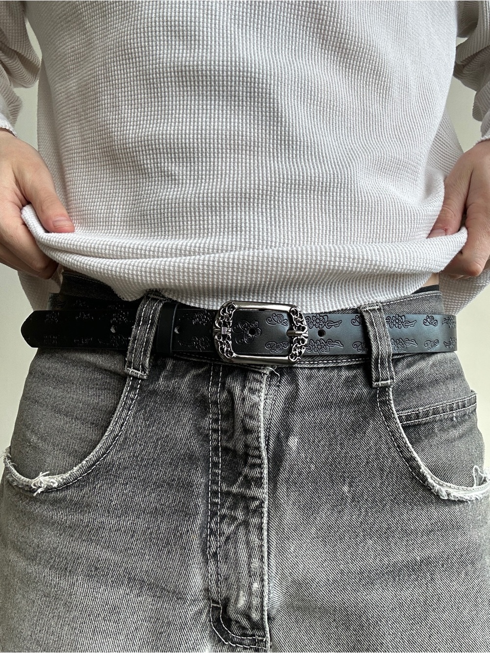 Men's Black Embossed Leather Belt with Decorative Silver Buckle